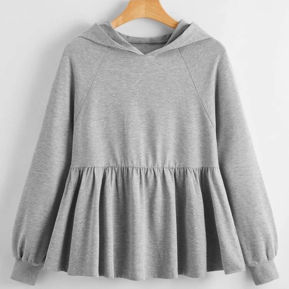 NWOT Grey Babydoll Solid Hoodie - Raglan Sleeve Ruffle Hem Sweatshirt - Size XL